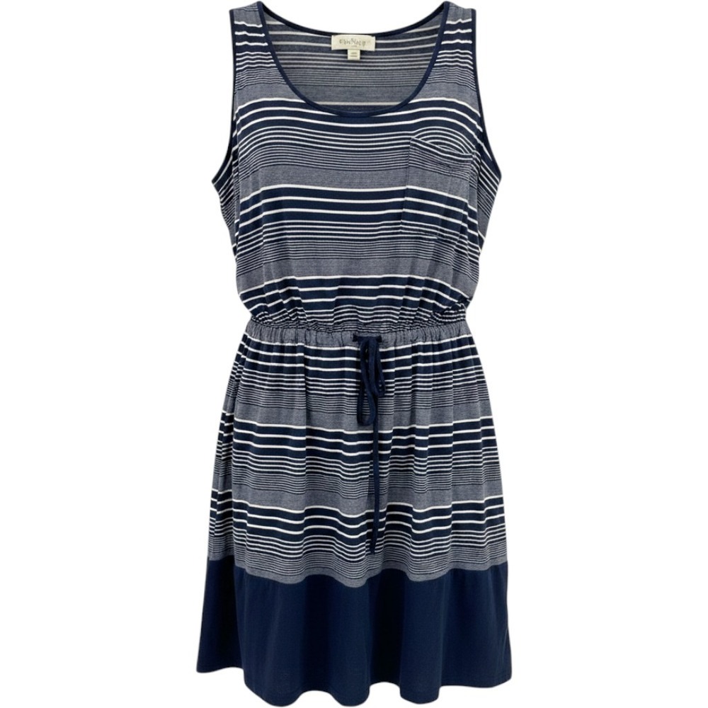 Y2K Olive & Oak‎ Navy Blue Striped Sleeveless Pocket Dress L Drawstring Coastal